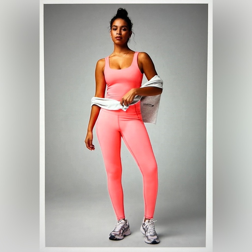 NWT- Fabletics PureLuxe HW Pocket Full Length Leggings - CORAL CRUSH NEON (27”)